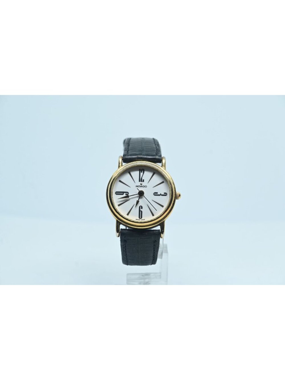 Vintage Movado Gold-Tone Women's Watch White Dial Black Leather Strap 4940455